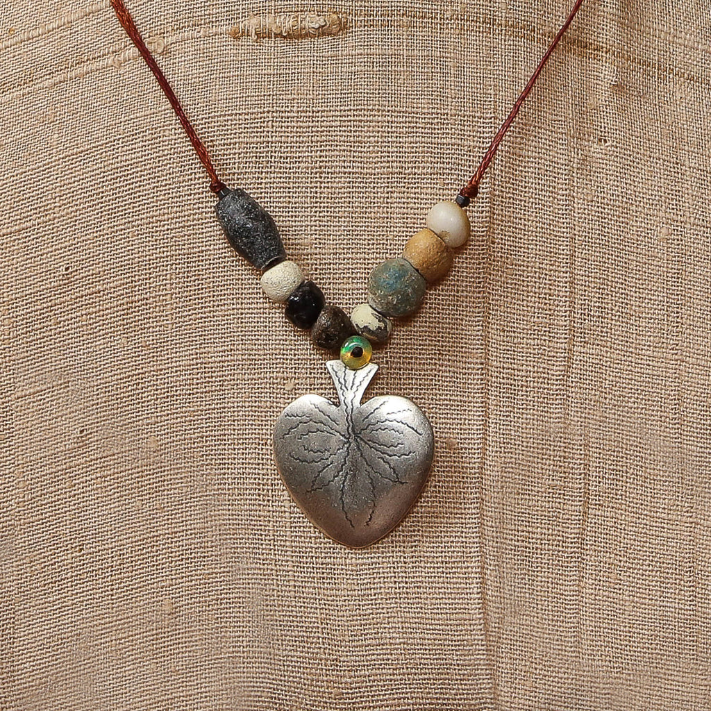 Etched SS Heart with ancient stone necklace