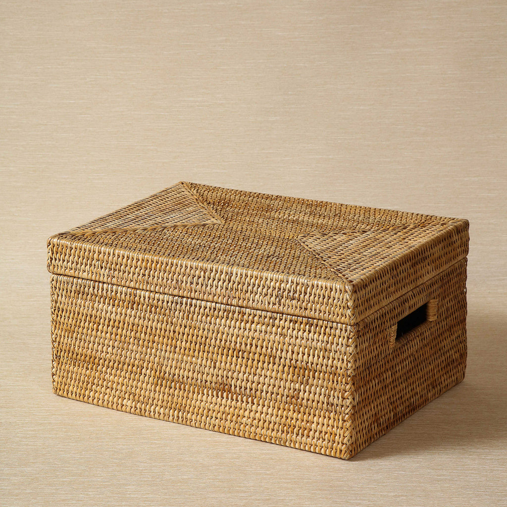 Honey brown rectangular rattan box with cut out