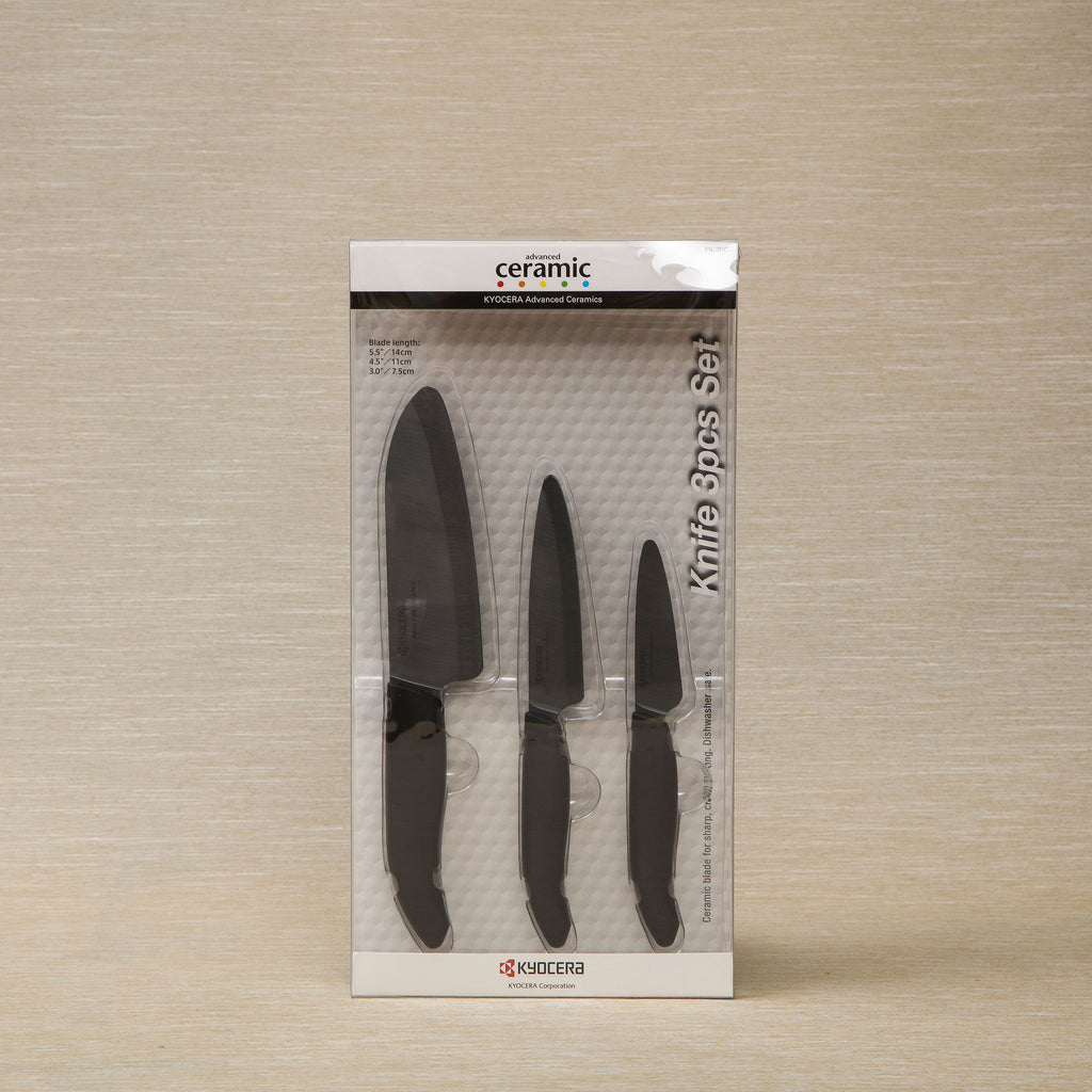 Revolution black ceramic 3-piece knife set including 5.5" Santoku, 4.5" Utility, and 3" Paring