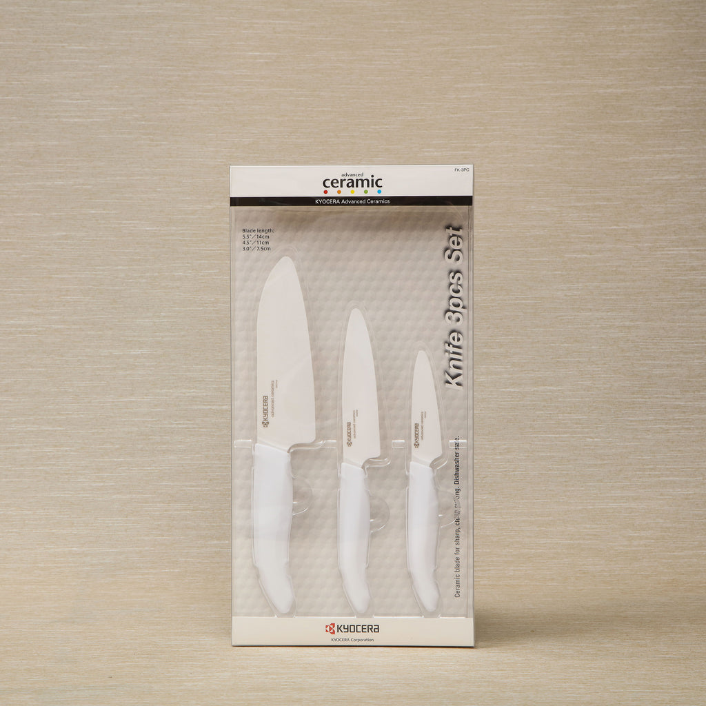 Revolution all white ceramic 3-piece knife set including 5.5" Santoku, 4.5" Utility, and 3" Paring