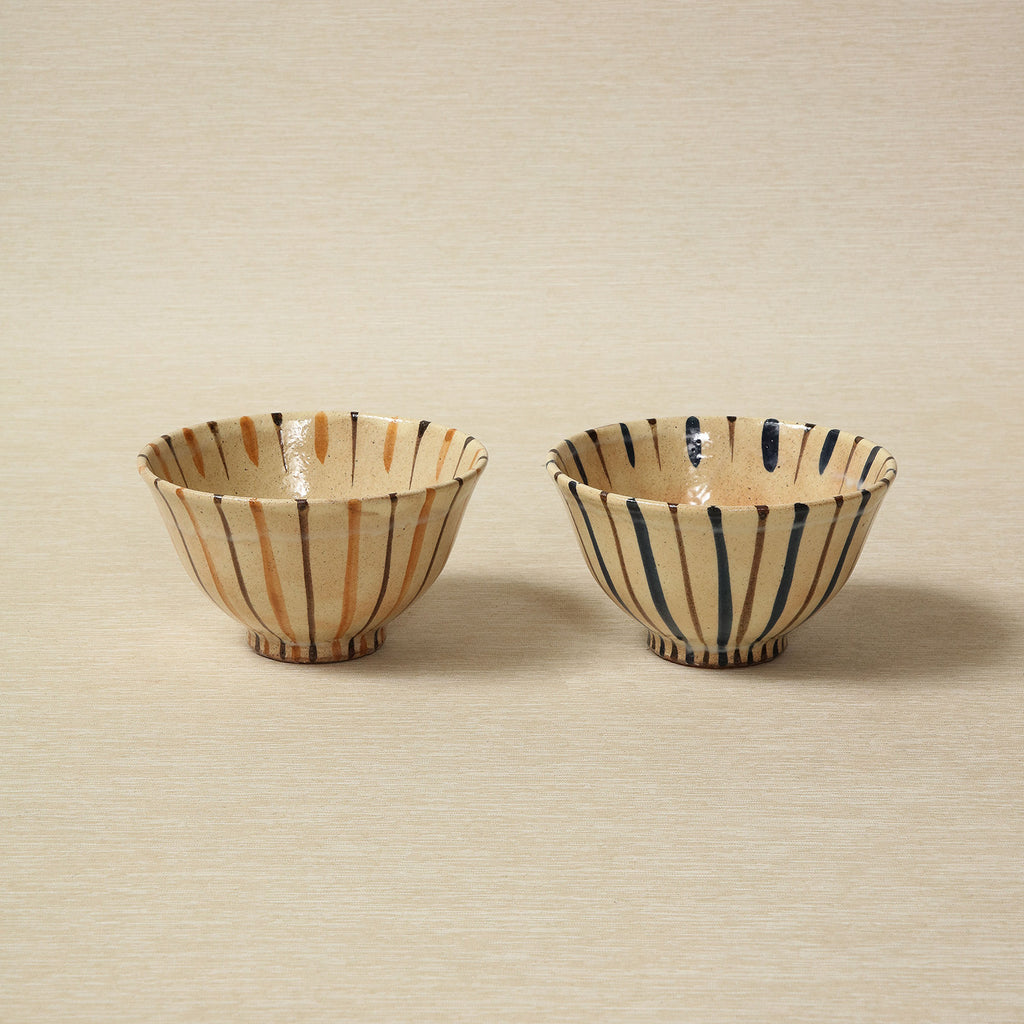 Japanese striped stoneware rice bowl