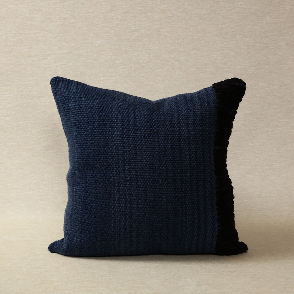 Indigo handspun wool pillow with black chain stitched edge