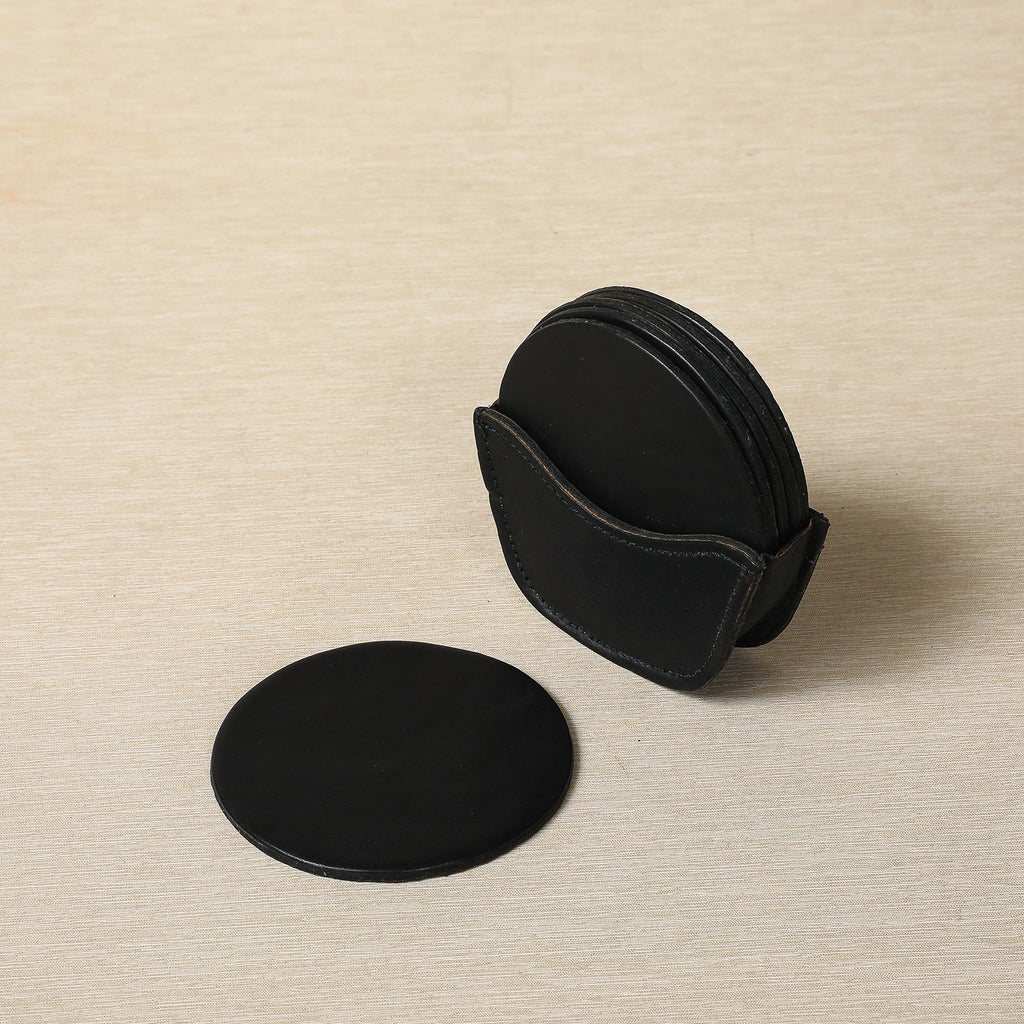 Leather Coaster Set in Caddy