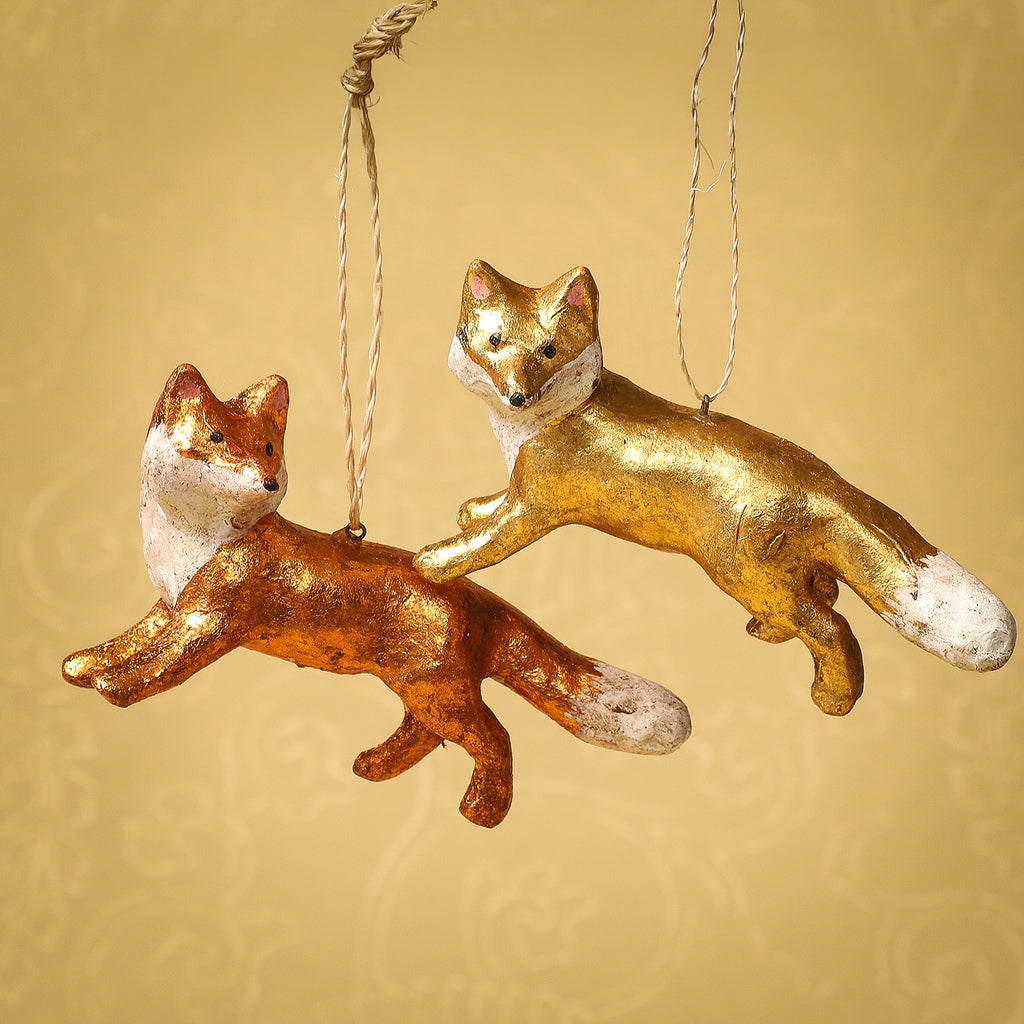 Papier mache copper and gold fox ornament