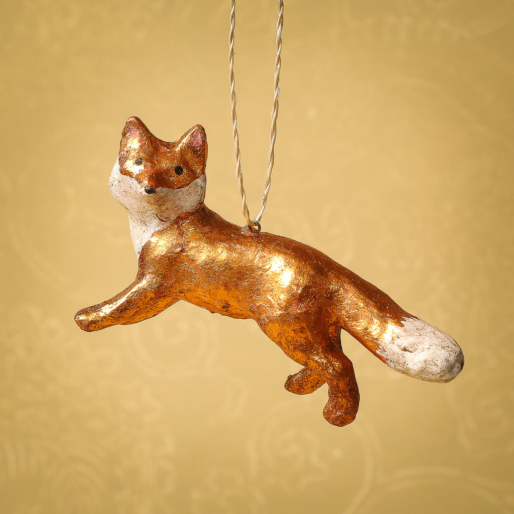 Papier mache copper and gold fox ornament