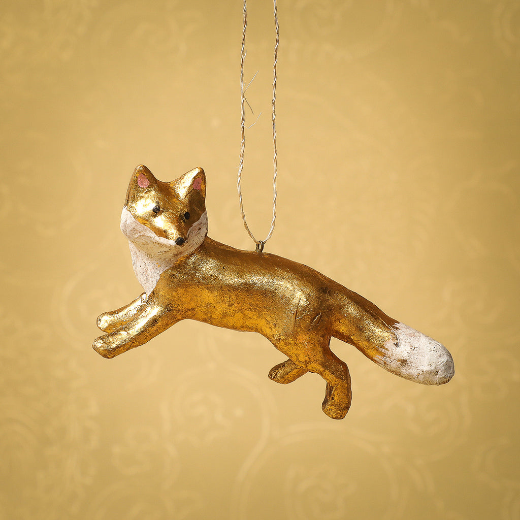 Papier mache copper and gold fox ornament