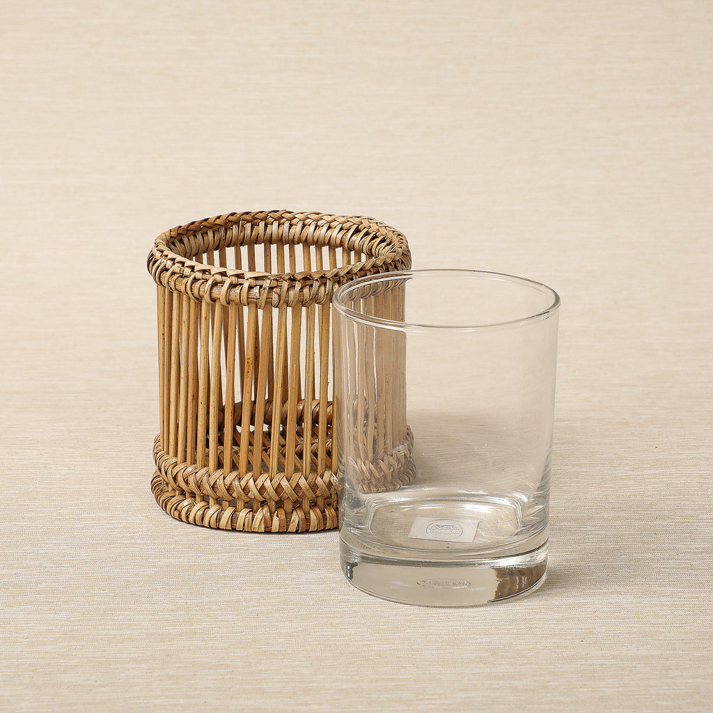 Honey brown rattan wrapped glass