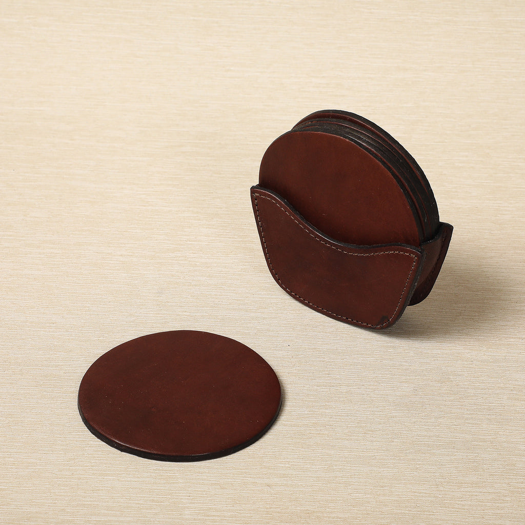 Leather Coaster Set in Caddy