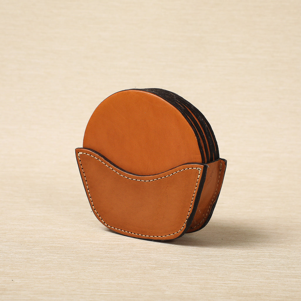 Leather Coaster Set in Caddy