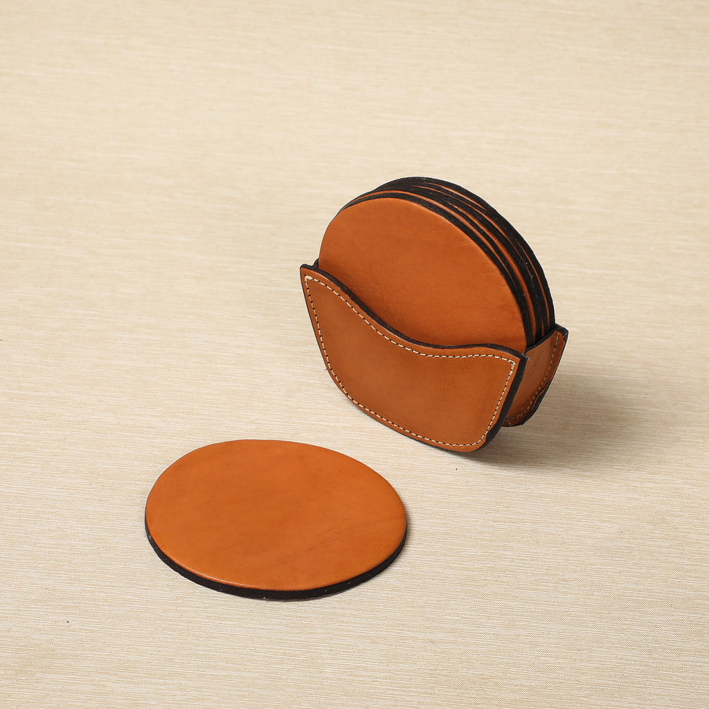 Leather Coaster Set in Caddy