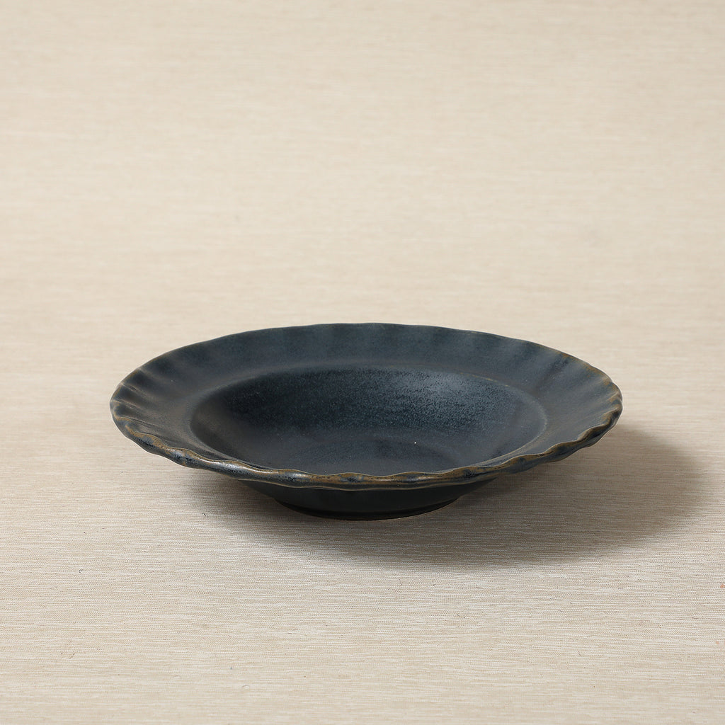 Indigo glaze stoneware rim soup or pasta bowl with fluted edge