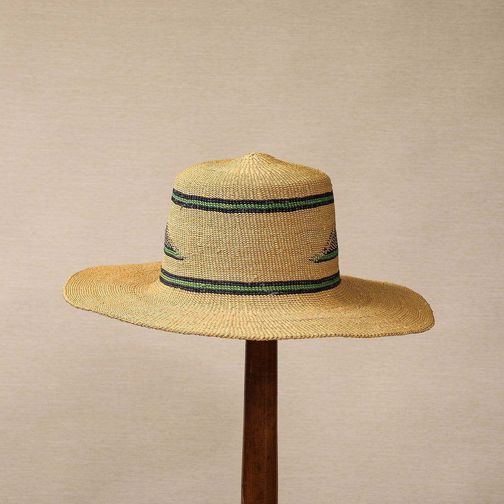 Straw hat with blue and green stripes and cartouche