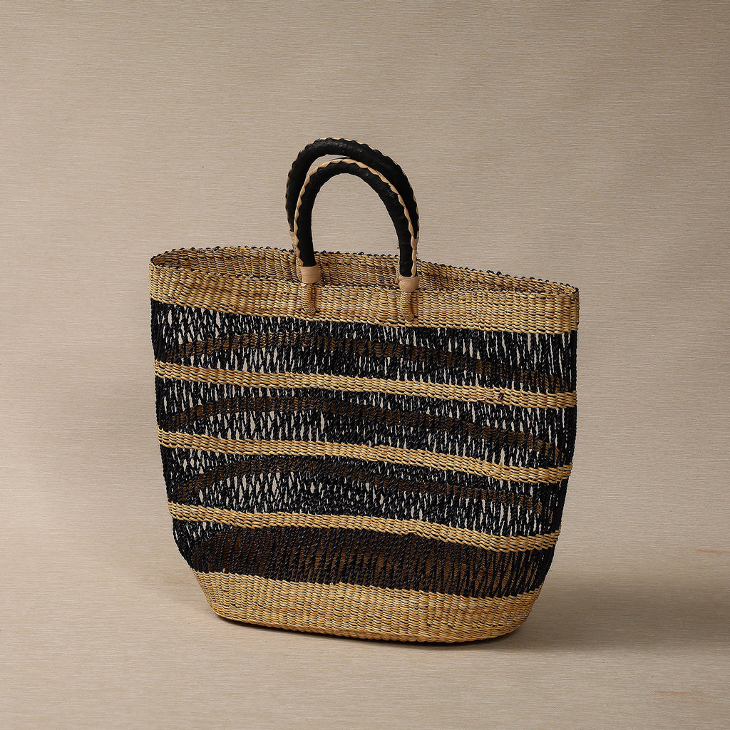 Open weave grass tote leather handle