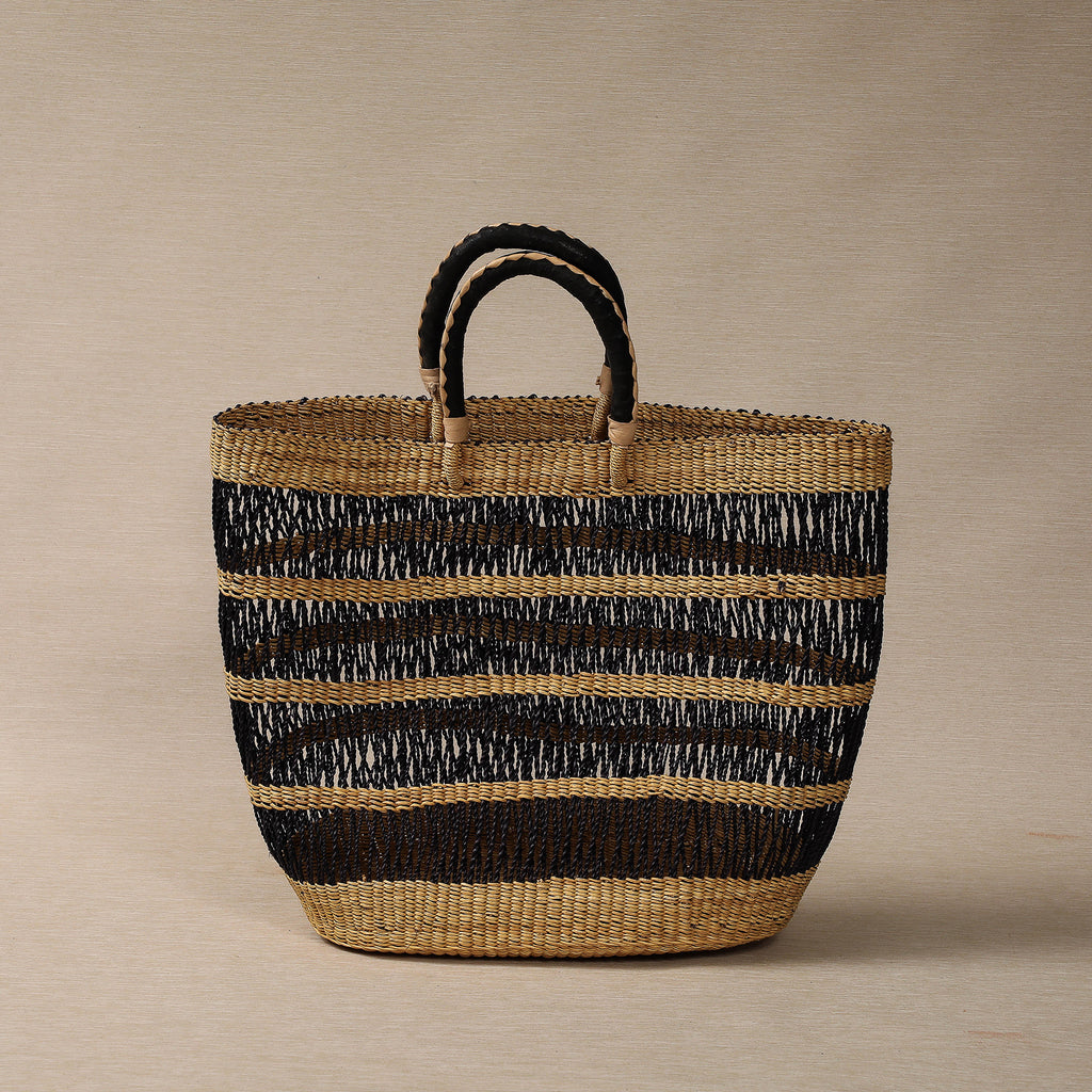 Open weave grass tote leather handle