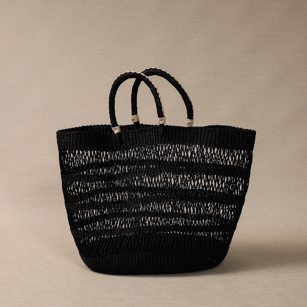 Open weave grass tote leather handle