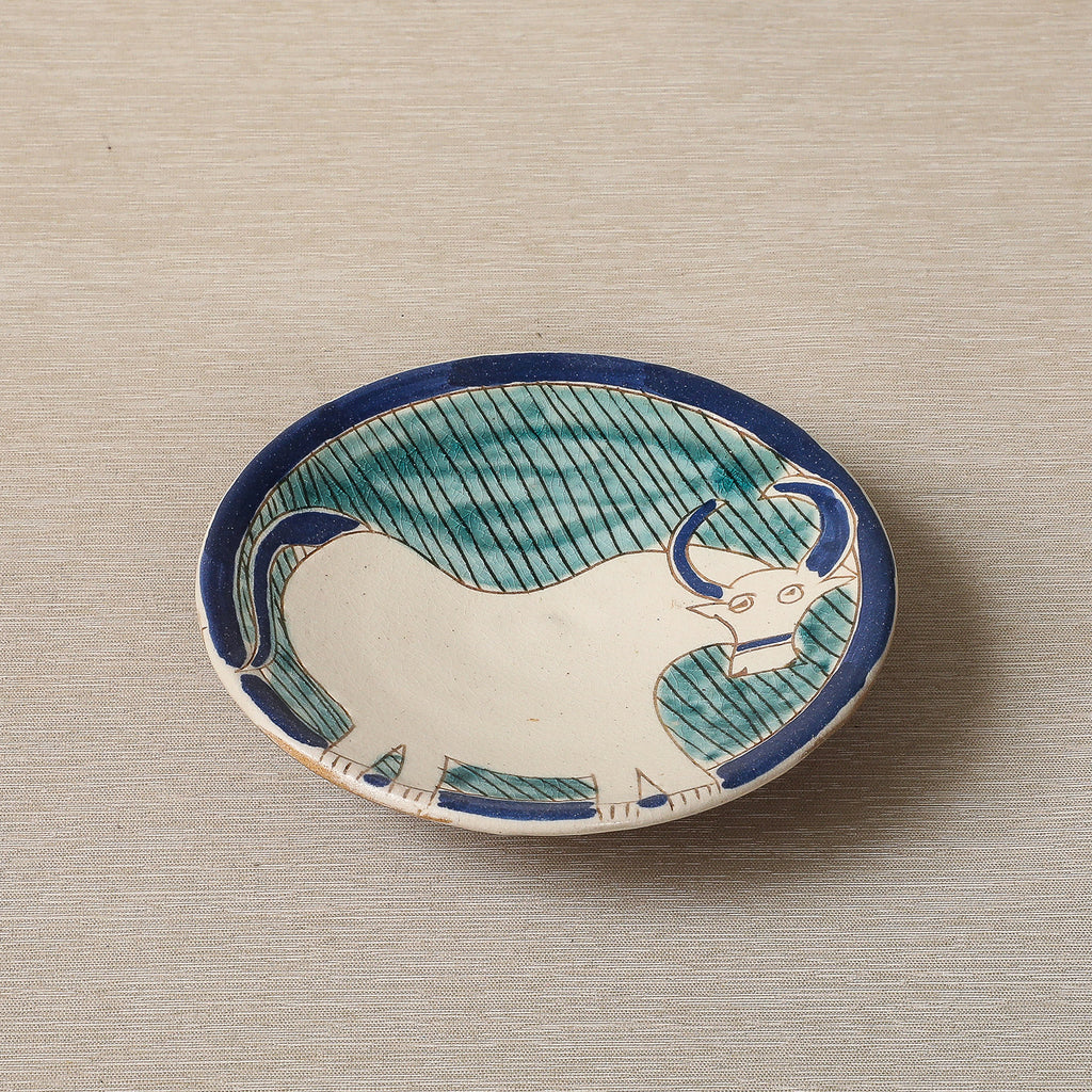 Small ceramic plate with hand painted bull