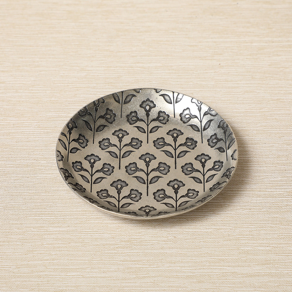 Floral pattern embossed pewter dish