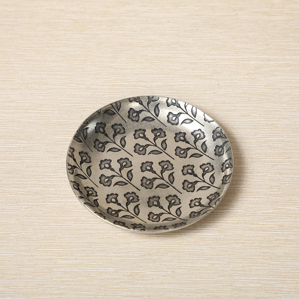 Floral pattern embossed pewter dish