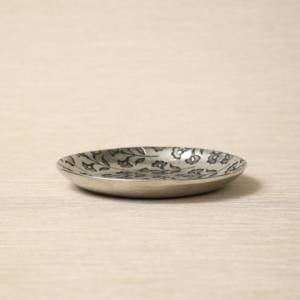 Floral pattern embossed pewter dish