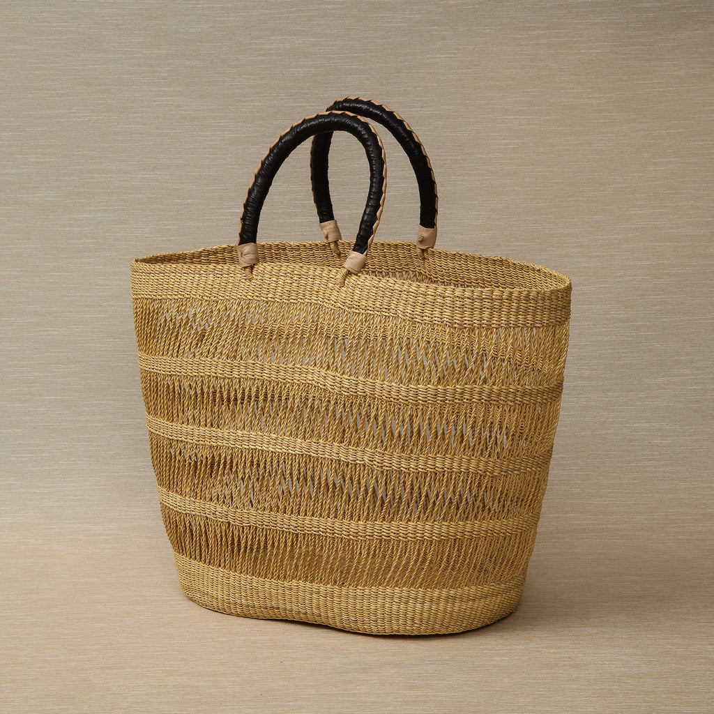 Open weave grass tote leather handle