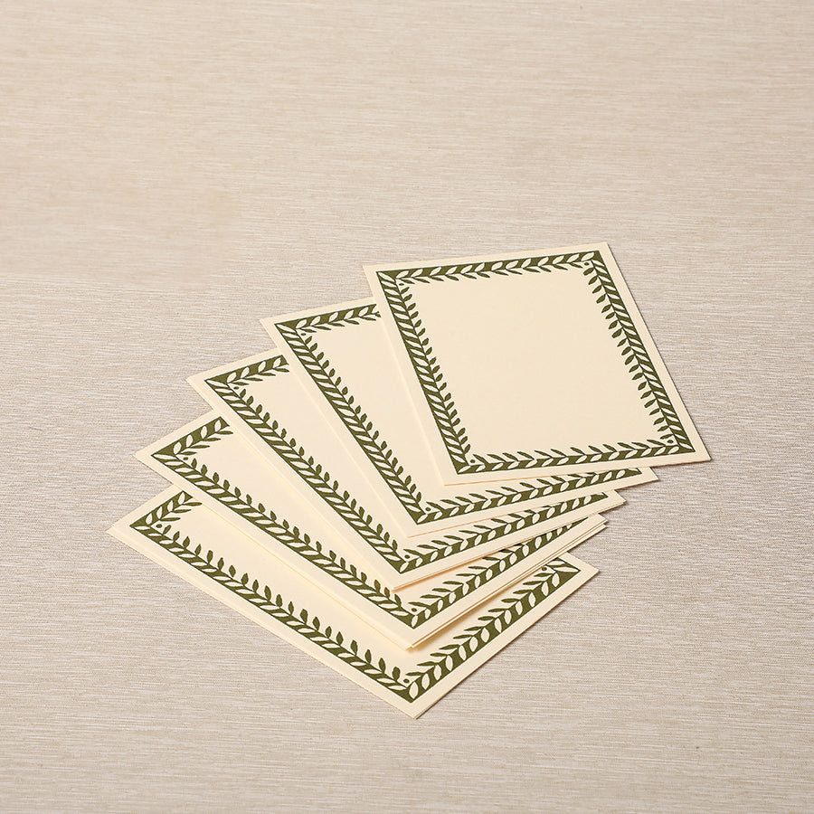 Ten blank cards with patterned border in olive green