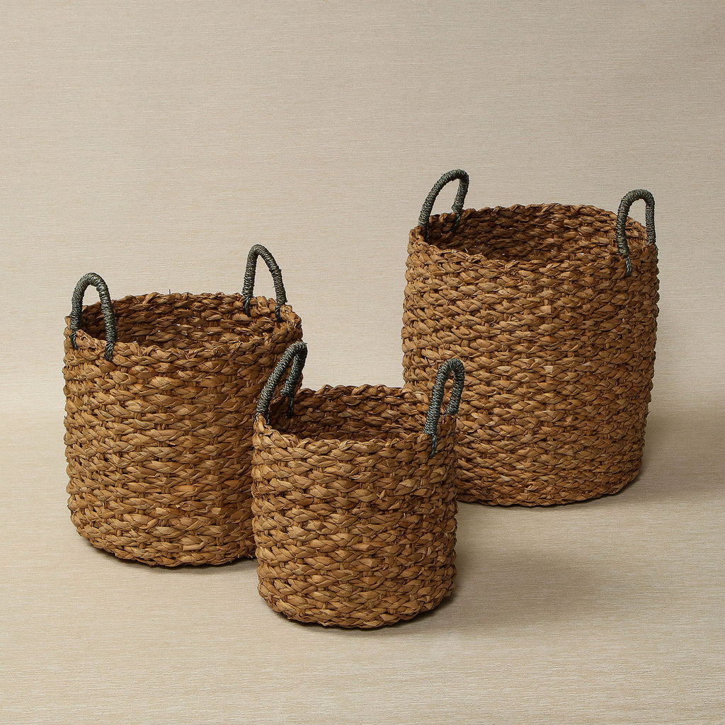 Seagrass woven basket with sky blue handle