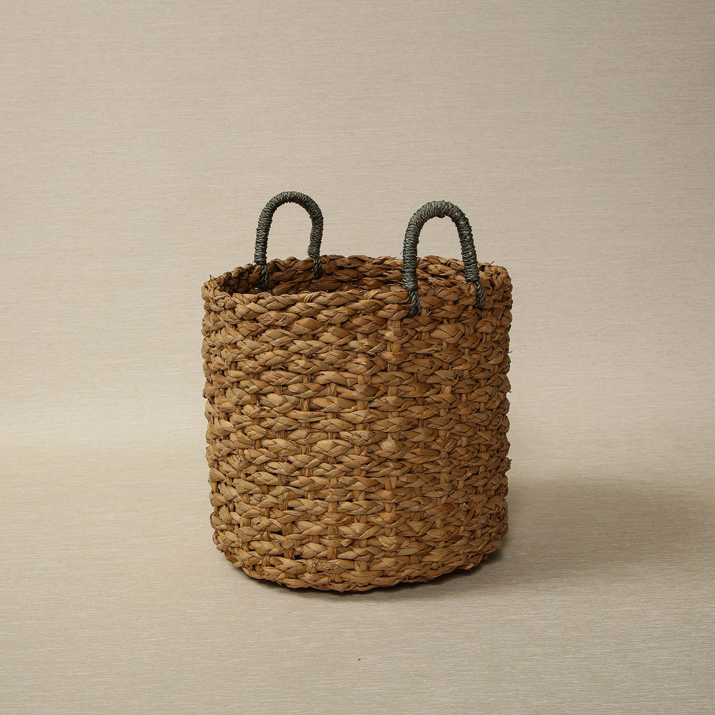 Seagrass woven basket with sky blue handle