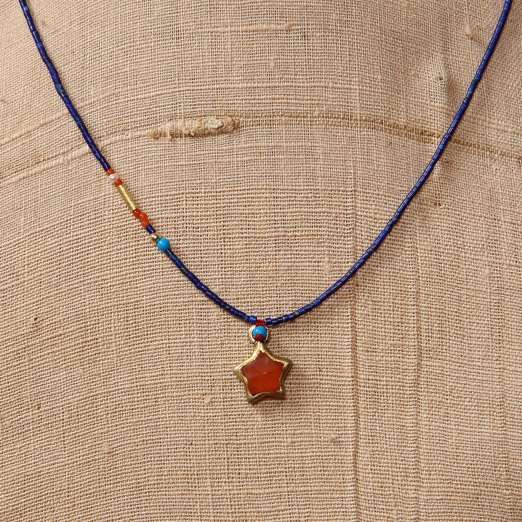 Tiny Lapis with carnelian star necklace