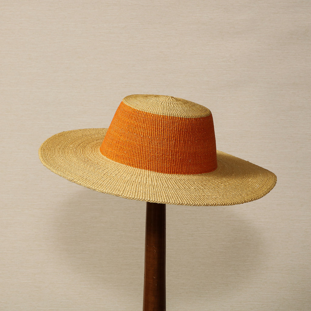 Straw hat with deep orange band
