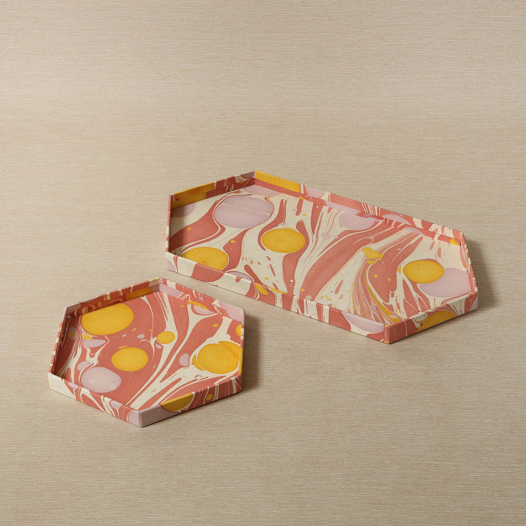 Hexagonal marbled paper tray set