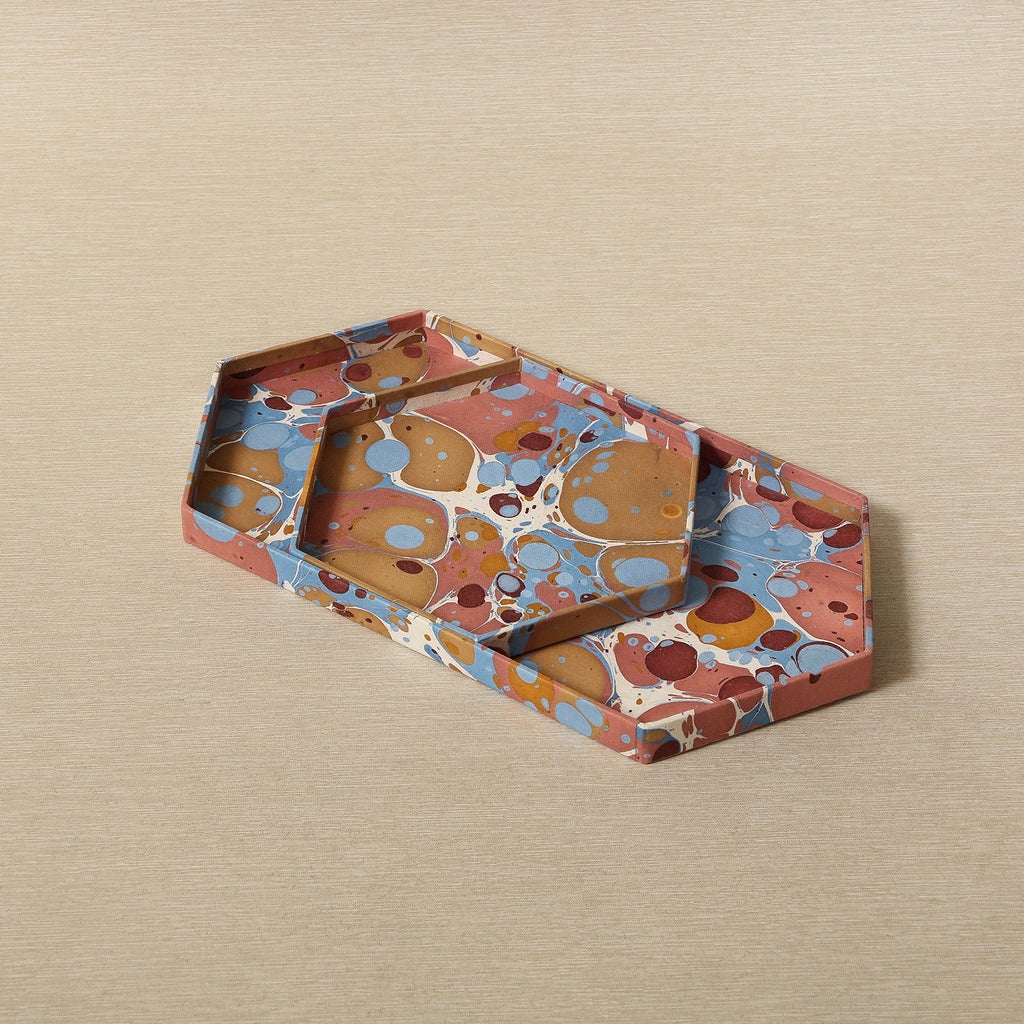 Hexagonal marbled paper tray set