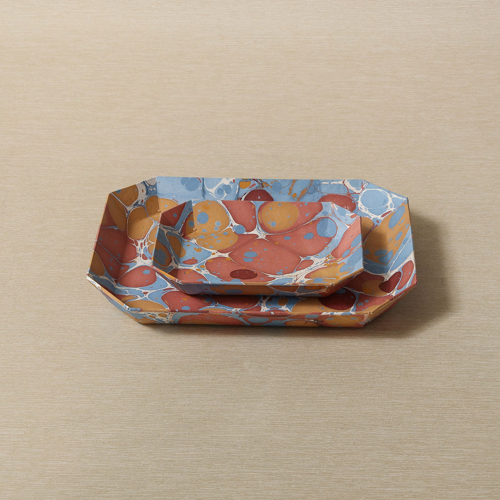 Octagonal marbled paper tray set