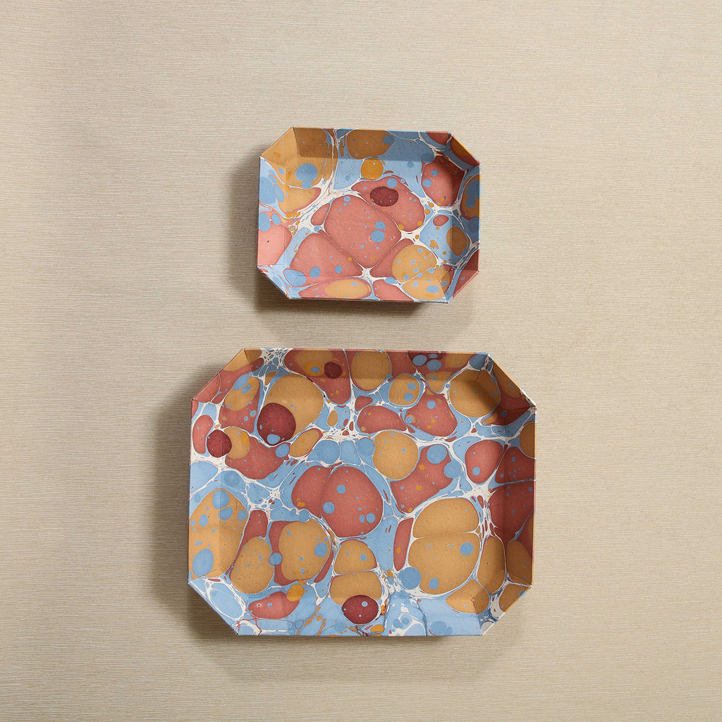 Octagonal marbled paper tray set