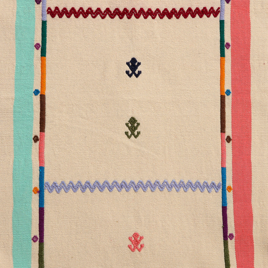 Handwoven cotton bib with embroidered borders and frog motifs, Oaxaca Mexico
