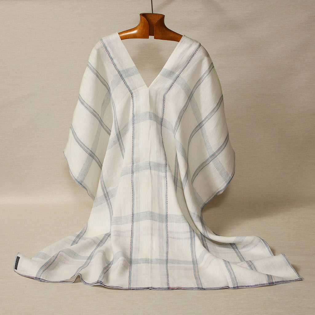 Faded white and chambray plaid linen kaftan