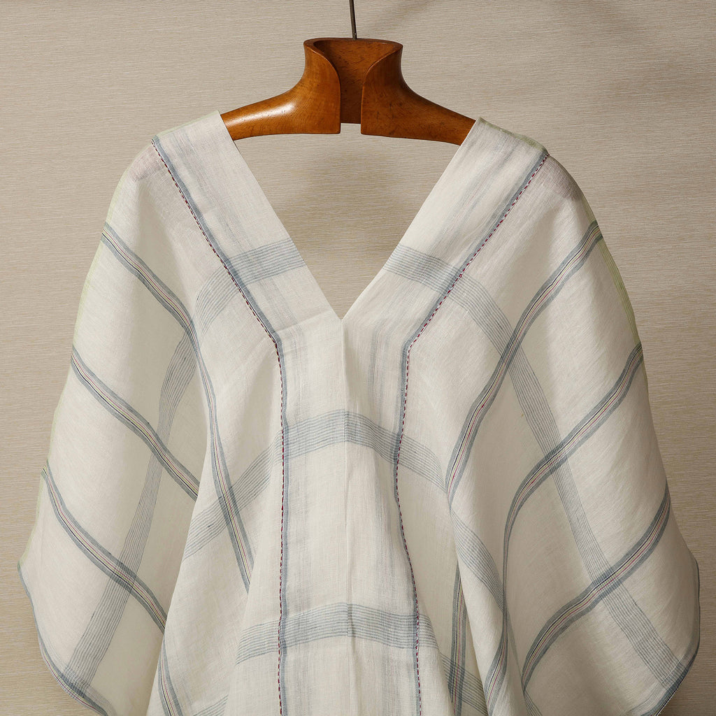 Faded white and chambray plaid linen kaftan