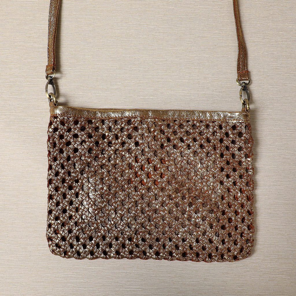 Gold leather woven clutch