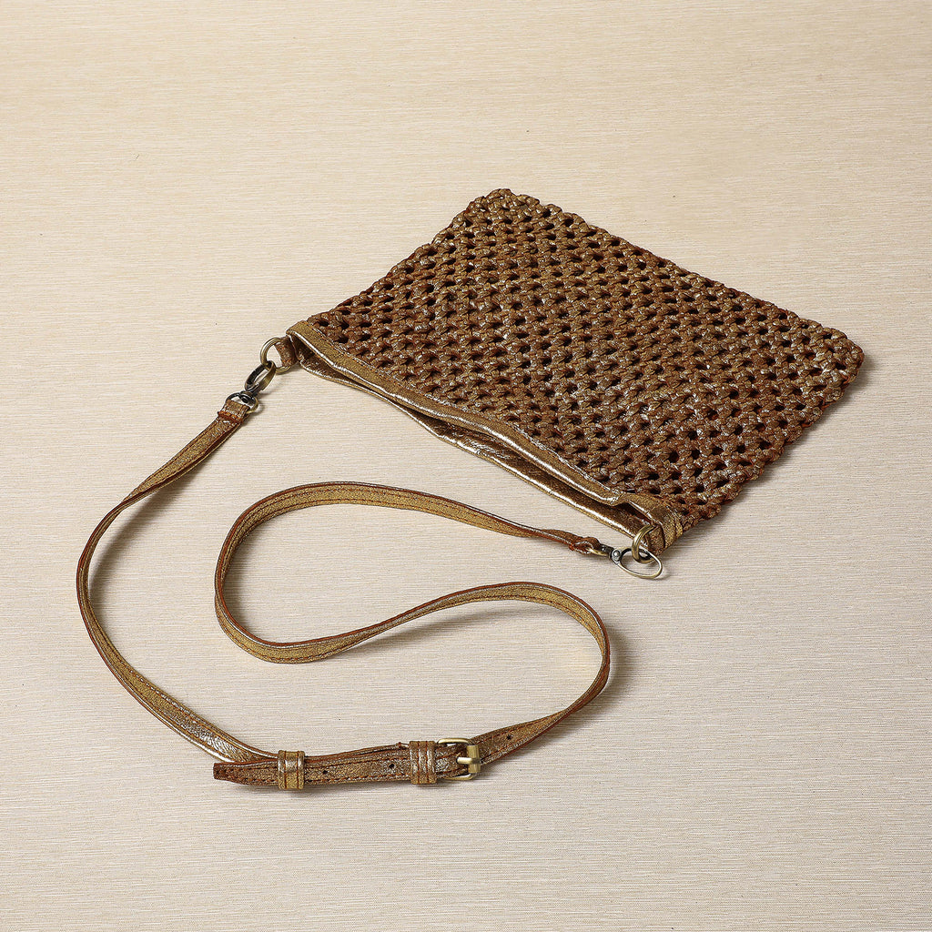 Gold leather woven clutch