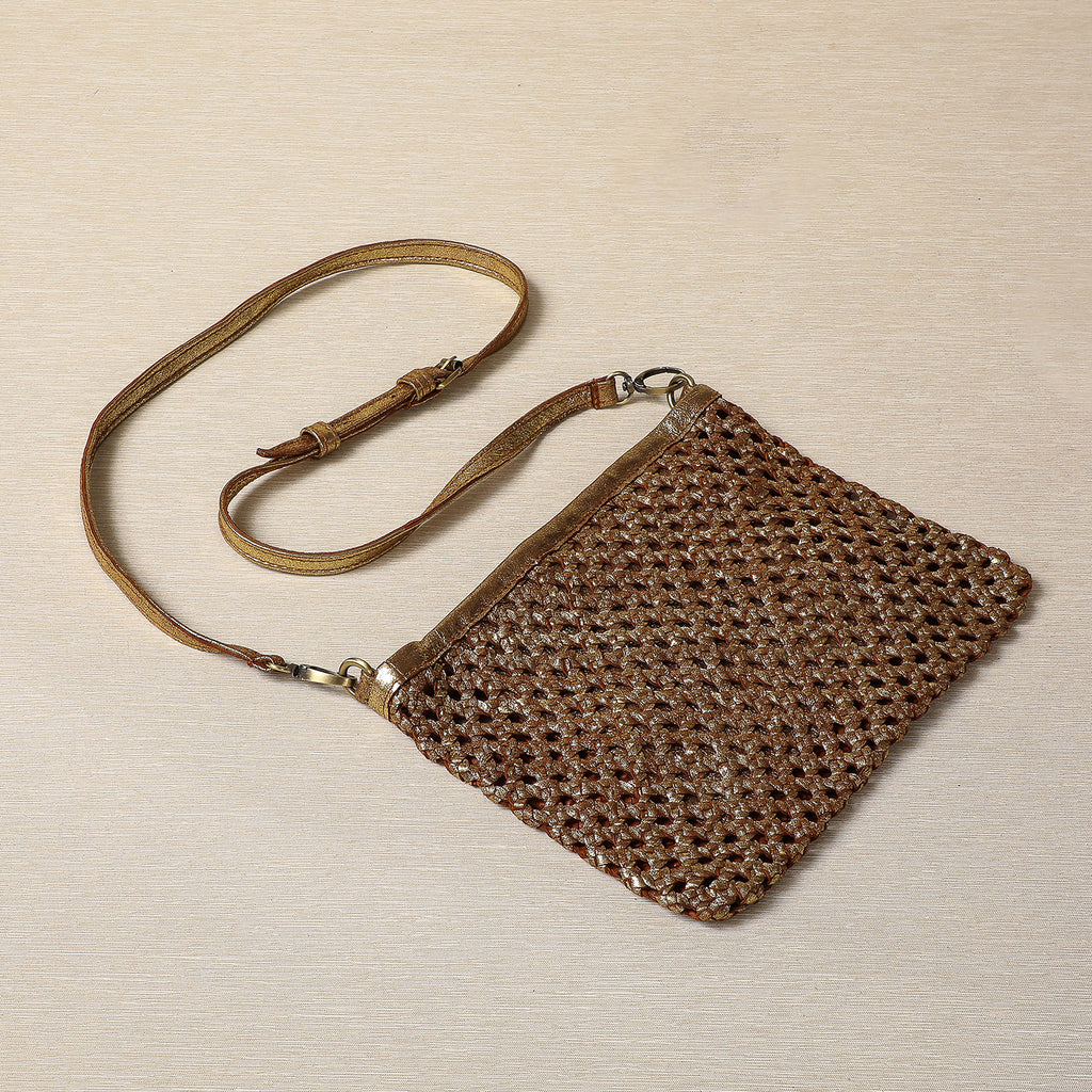 Gold leather woven clutch