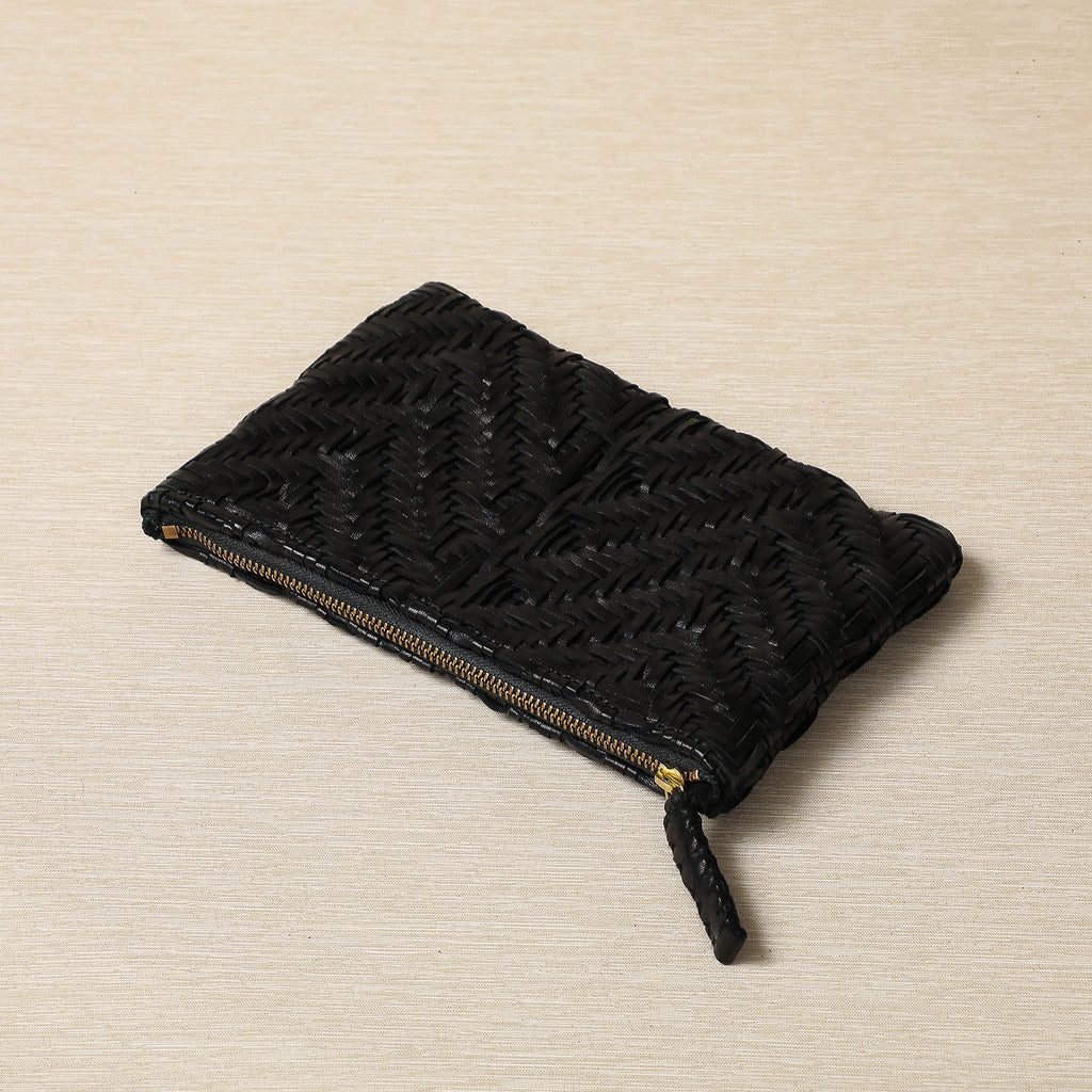 Woven black leather clutch