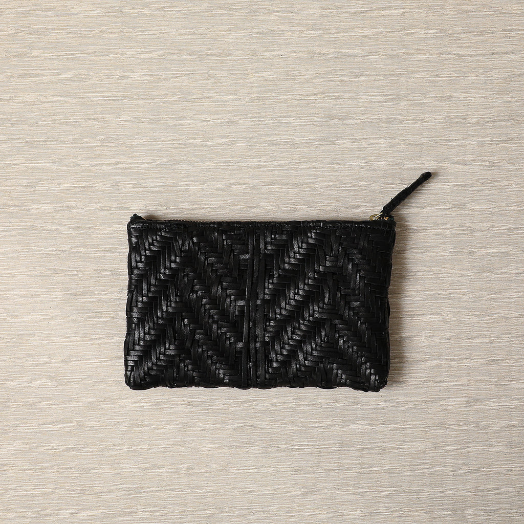 Woven black leather clutch