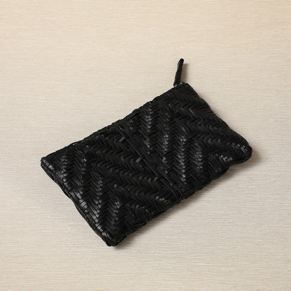 Woven black leather clutch