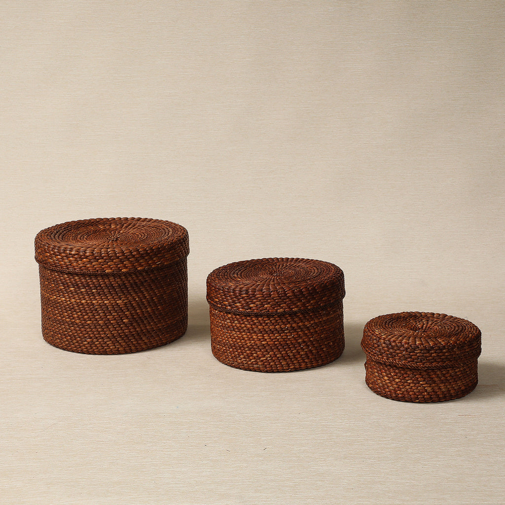 Brown Round Lidded Storage Basket