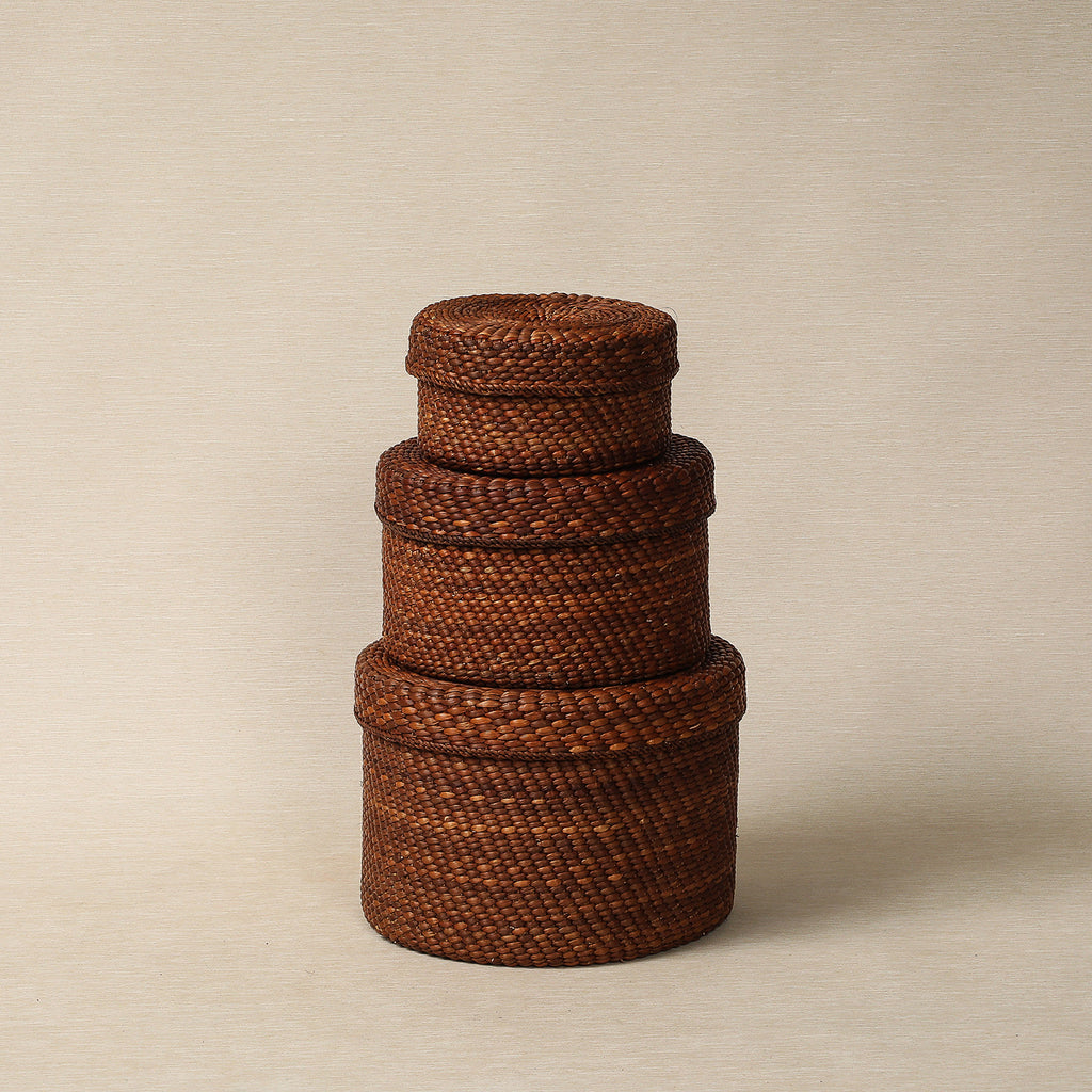 Brown Round Lidded Storage Basket