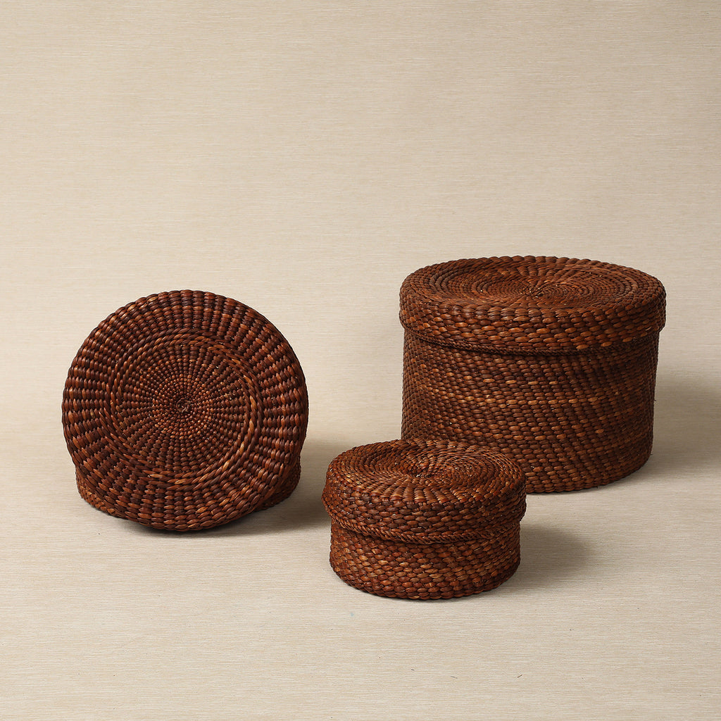 Brown Round Lidded Storage Basket