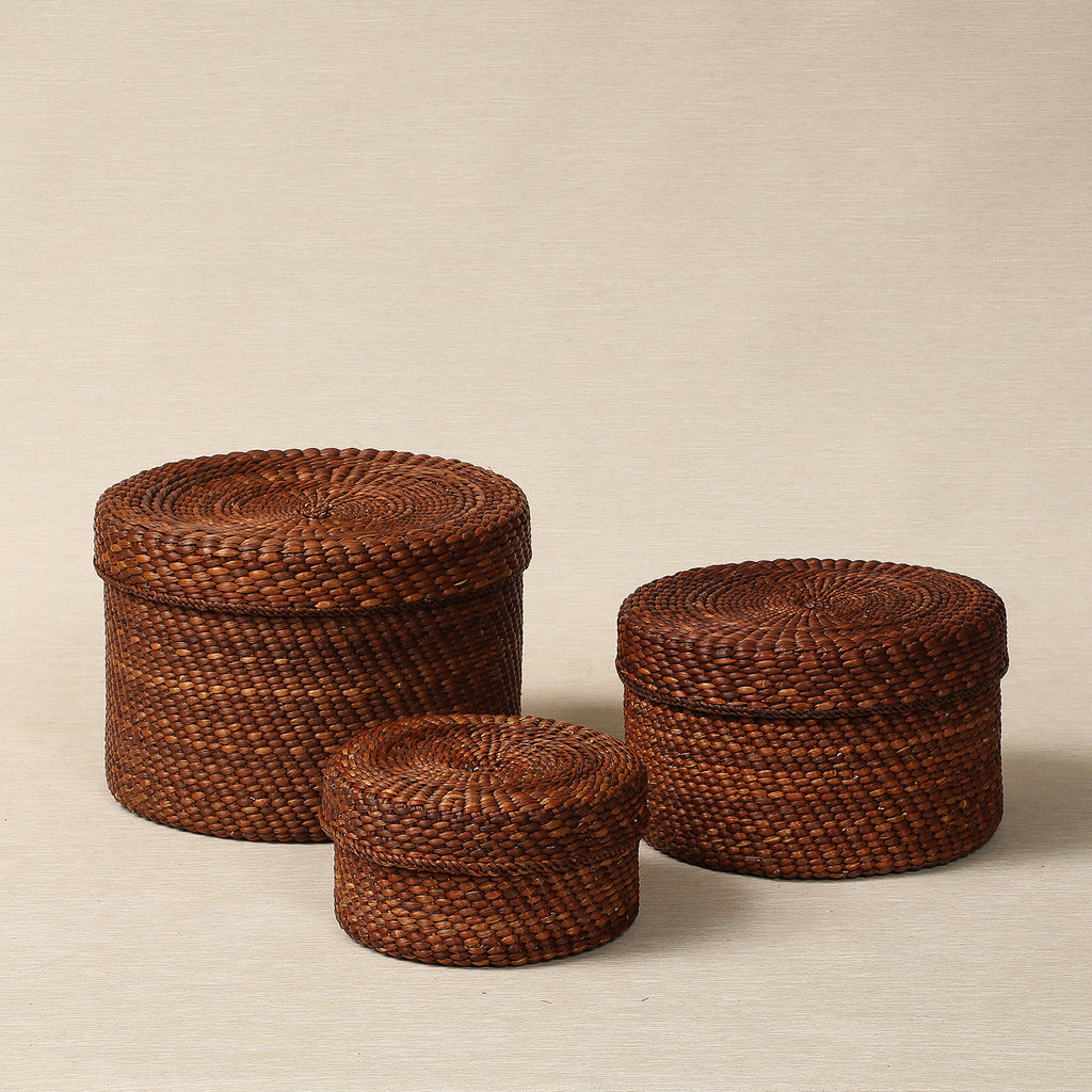 Brown Round Lidded Storage Basket