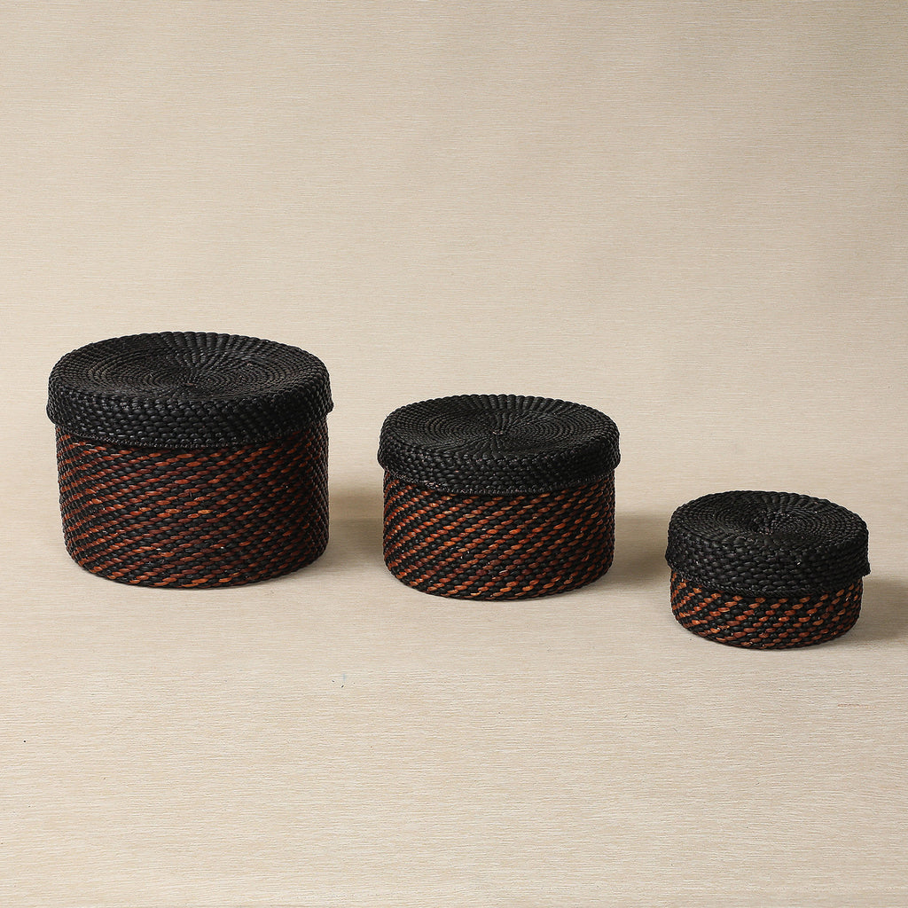 Black and Brown Round Lidded Stoage Basket