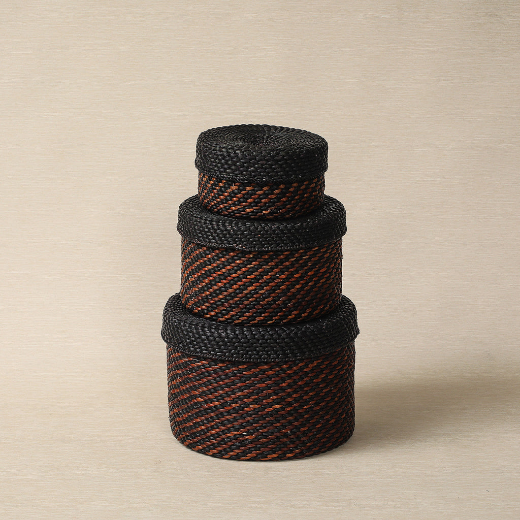 Black and Brown Round Lidded Stoage Basket