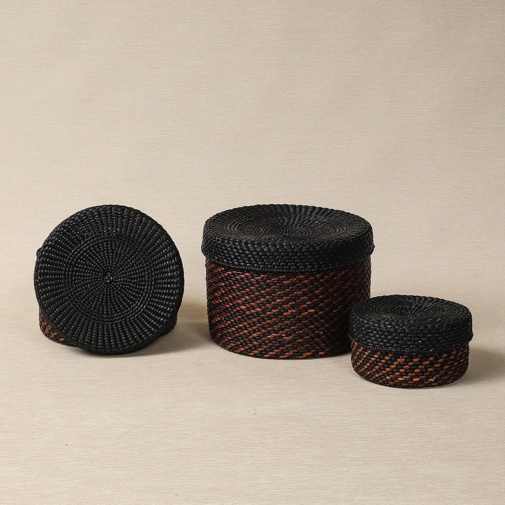 Black and Brown Round Lidded Stoage Basket