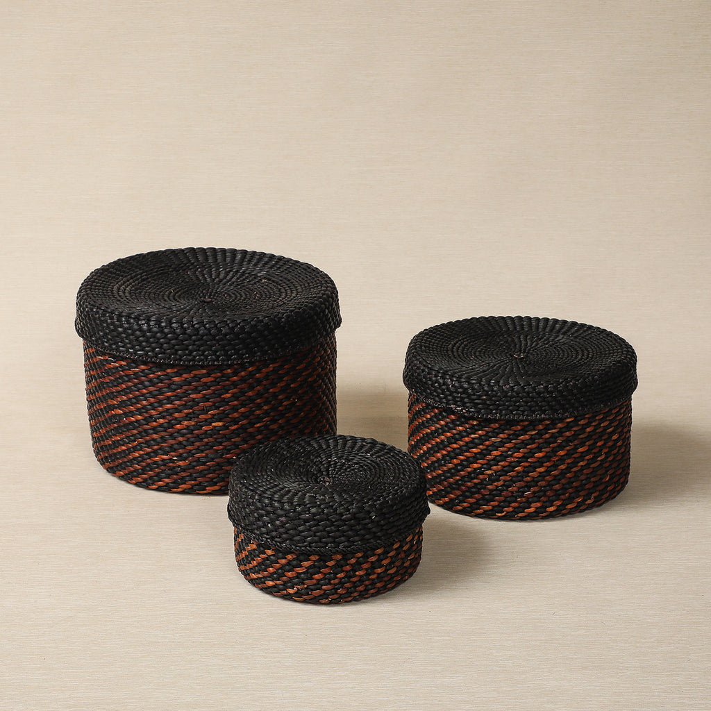 Black and Brown Round Lidded Stoage Basket